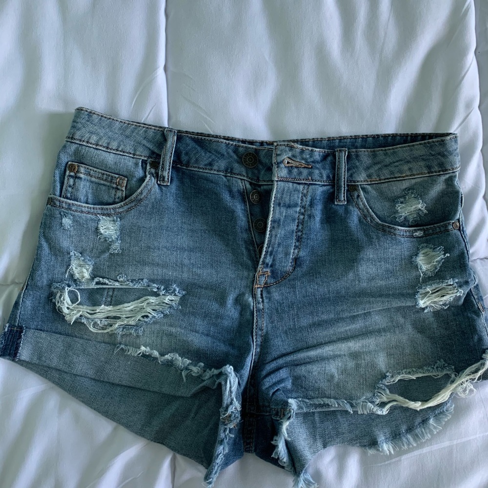 Distressed denim shorts